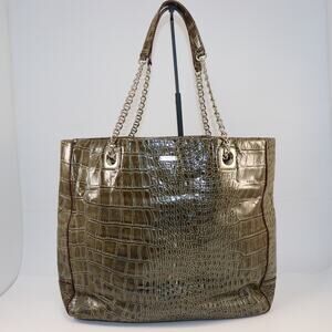 Kate Spade Croc Embossed Patent Leather Chain Shoulder Tote Bag Olive Green